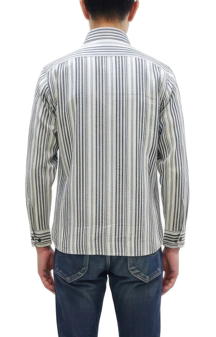 Sugar Cane Men's Indigo Vertical Multi-Stripe Long-Sleeve Work Shirt - Fiction Romance Collection - 100% Cotton, Inspired by Traditional Japanese Kimono Fabric, Made in Japan (SC29592 401A Off White)