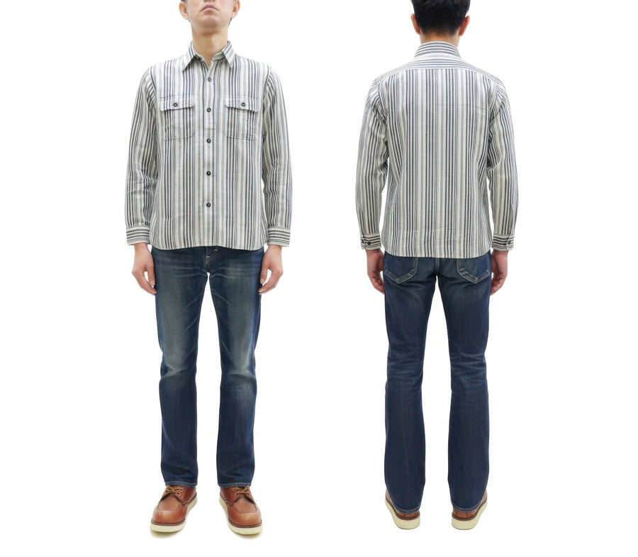 Sugar Cane Men's Indigo Vertical Multi-Stripe Long-Sleeve Work Shirt - Fiction Romance Collection - 100% Cotton, Inspired by Traditional Japanese Kimono Fabric, Made in Japan (SC29592 401A Off White)
