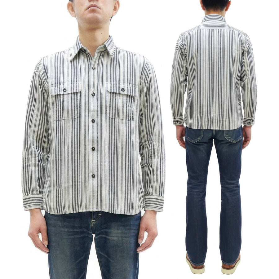 Sugar Cane Men's Indigo Vertical Multi-Stripe Long-Sleeve Work Shirt - Fiction Romance Collection - 100% Cotton, Inspired by Traditional Japanese Kimono Fabric, Made in Japan (SC29592 401A Off White)