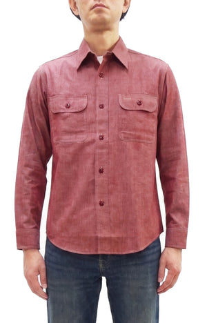 Sugar Cane Men's Red Chambray Work Shirt, Long-Sleeve Cotton Button-Up Shirt, Made in Japan (SC29682, 461A Red, One-Wash)
