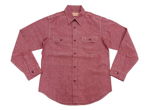 Sugar Cane Men's Red Chambray Work Shirt, Long-Sleeve Cotton Button-Up Shirt, Made in Japan (SC29682, 461A Red, One-Wash)