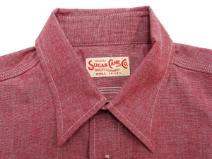 Sugar Cane Men's Red Chambray Work Shirt, Long-Sleeve Cotton Button-Up Shirt, Made in Japan (SC29682, 461A Red, One-Wash)