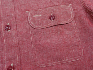 Sugar Cane Men's Red Chambray Work Shirt, Long-Sleeve Cotton Button-Up Shirt, Made in Japan (SC29682, 461A Red, One-Wash)