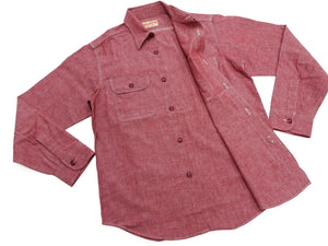 Sugar Cane Men's Red Chambray Work Shirt, Long-Sleeve Cotton Button-Up Shirt, Made in Japan (SC29682, 461A Red, One-Wash)