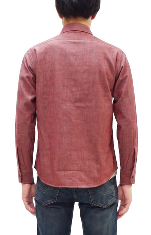 Sugar Cane Men's Red Chambray Work Shirt, Long-Sleeve Cotton Button-Up Shirt, Made in Japan (SC29682, 461A Red, One-Wash)
