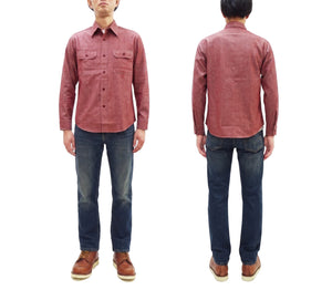 Sugar Cane Men's Red Chambray Work Shirt, Long-Sleeve Cotton Button-Up Shirt, Made in Japan (SC29682, 461A Red, One-Wash)