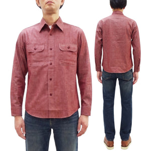Sugar Cane Men's Red Chambray Work Shirt, Long-Sleeve Cotton Button-Up Shirt, Made in Japan (SC29682, 461A Red, One-Wash)