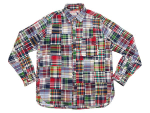 Sugar Cane Men's Long Sleeve Patchwork Madras Button-Down Shirt, Lightweight 100% Cotton Plaid, Made in Japan (SC29736 128 Navy Tone)