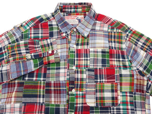 Sugar Cane Men's Long Sleeve Patchwork Madras Button-Down Shirt, Lightweight 100% Cotton Plaid, Made in Japan (SC29736 128 Navy Tone)