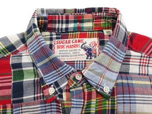 Sugar Cane Men's Long Sleeve Patchwork Madras Button-Down Shirt, Lightweight 100% Cotton Plaid, Made in Japan (SC29736 128 Navy Tone)