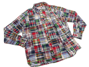 Sugar Cane Men's Long Sleeve Patchwork Madras Button-Down Shirt, Lightweight 100% Cotton Plaid, Made in Japan (SC29736 128 Navy Tone)