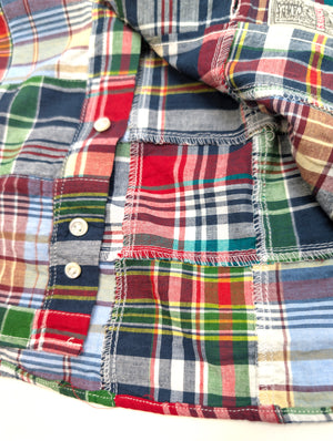 Sugar Cane Men's Long Sleeve Patchwork Madras Button-Down Shirt, Lightweight 100% Cotton Plaid, Made in Japan (SC29736 128 Navy Tone)