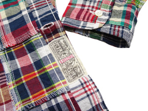 Sugar Cane Men's Long Sleeve Patchwork Madras Button-Down Shirt, Lightweight 100% Cotton Plaid, Made in Japan (SC29736 128 Navy Tone)