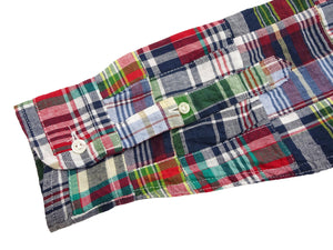 Sugar Cane Men's Long Sleeve Patchwork Madras Button-Down Shirt, Lightweight 100% Cotton Plaid, Made in Japan (SC29736 128 Navy Tone)