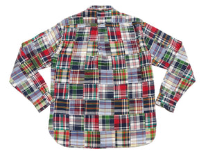 Sugar Cane Men's Long Sleeve Patchwork Madras Button-Down Shirt, Lightweight 100% Cotton Plaid, Made in Japan (SC29736 128 Navy Tone)