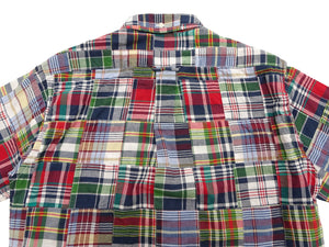 Sugar Cane Men's Long Sleeve Patchwork Madras Button-Down Shirt, Lightweight 100% Cotton Plaid, Made in Japan (SC29736 128 Navy Tone)