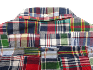 Sugar Cane Men's Long Sleeve Patchwork Madras Button-Down Shirt, Lightweight 100% Cotton Plaid, Made in Japan (SC29736 128 Navy Tone)