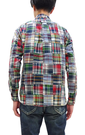 Sugar Cane Men's Long Sleeve Patchwork Madras Button-Down Shirt, Lightweight 100% Cotton Plaid, Made in Japan (SC29736 128 Navy Tone)