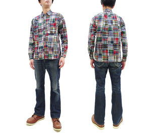Sugar Cane Men's Long Sleeve Patchwork Madras Button-Down Shirt, Lightweight 100% Cotton Plaid, Made in Japan (SC29736 128 Navy Tone)