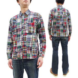 Sugar Cane Men's Long Sleeve Patchwork Madras Button-Down Shirt, Lightweight 100% Cotton Plaid, Made in Japan (SC29736 128 Navy Tone)