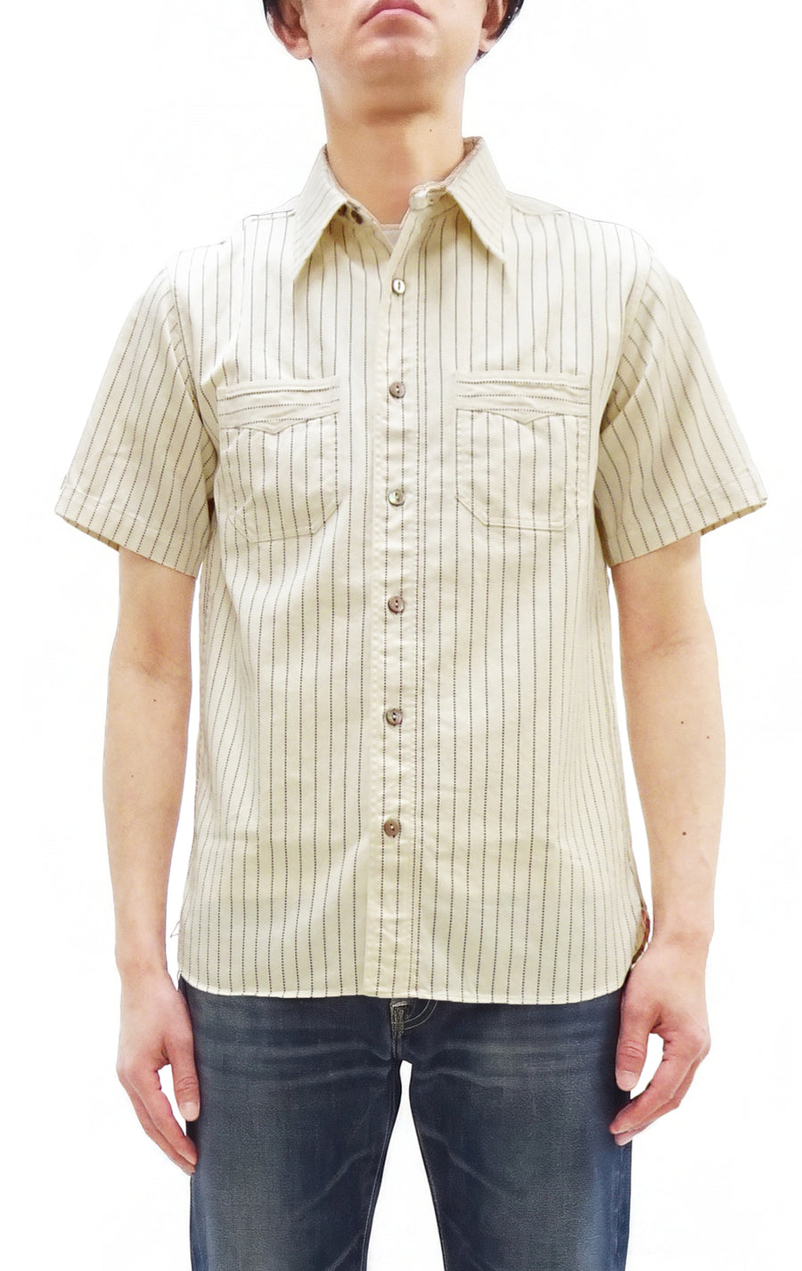 Sugar Cane Men's Short Sleeve Ecru Wabash Stripe Work Shirt 8.5 oz
