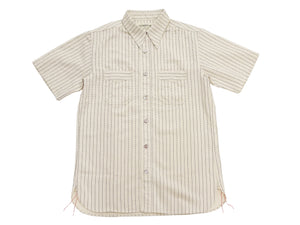 Sugar Cane Men's Short Sleeve Ecru Wabash Stripe Work Shirt 8.5 oz Cotton Twill Made in Japan (Fiction Romance SC37275 401A One-Wash)