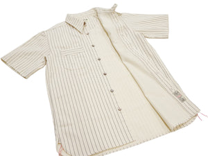 Sugar Cane Men's Short Sleeve Ecru Wabash Stripe Work Shirt 8.5 oz Cotton Twill Made in Japan (Fiction Romance SC37275 401A One-Wash)