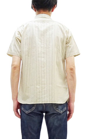Sugar Cane Men's Short Sleeve Ecru Wabash Stripe Work Shirt 8.5 oz Cotton Twill Made in Japan (Fiction Romance SC37275 401A One-Wash)
