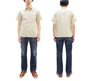 Sugar Cane Men's Short Sleeve Ecru Wabash Stripe Work Shirt 8.5 oz Cotton Twill Made in Japan (Fiction Romance SC37275 401A One-Wash)