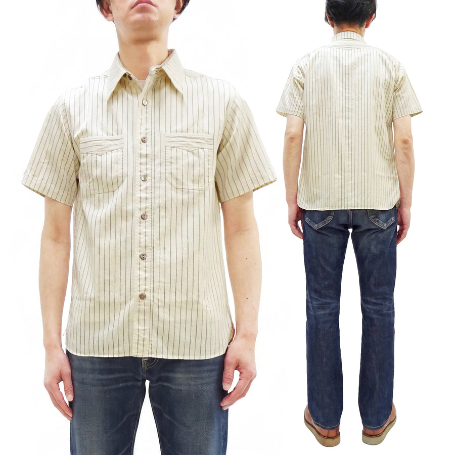 Sugar Cane Men's Short Sleeve Ecru Wabash Stripe Work Shirt 8.5 oz