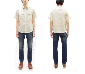 Sugar Cane Ecru Chambray Shirt Men's Casual Short Sleeve Plain Button Up Work Shirt SC37942 401 Ecru One Wash