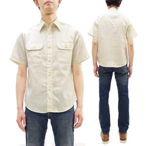 Sugar Cane Ecru Chambray Shirt Men's Casual Short Sleeve Plain Button Up Work Shirt SC37942 401 Ecru One Wash