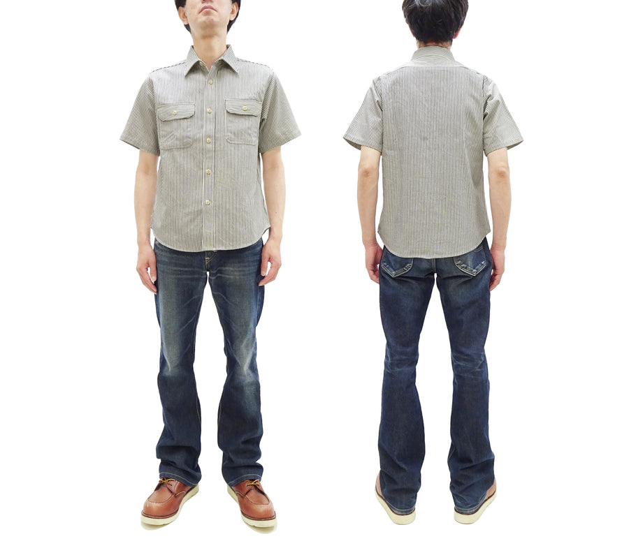 Sugar Cane Hickory Stripe Work Shirt - Men's Casual Short Sleeve Button Up Shirt SC37944 105 Off-White