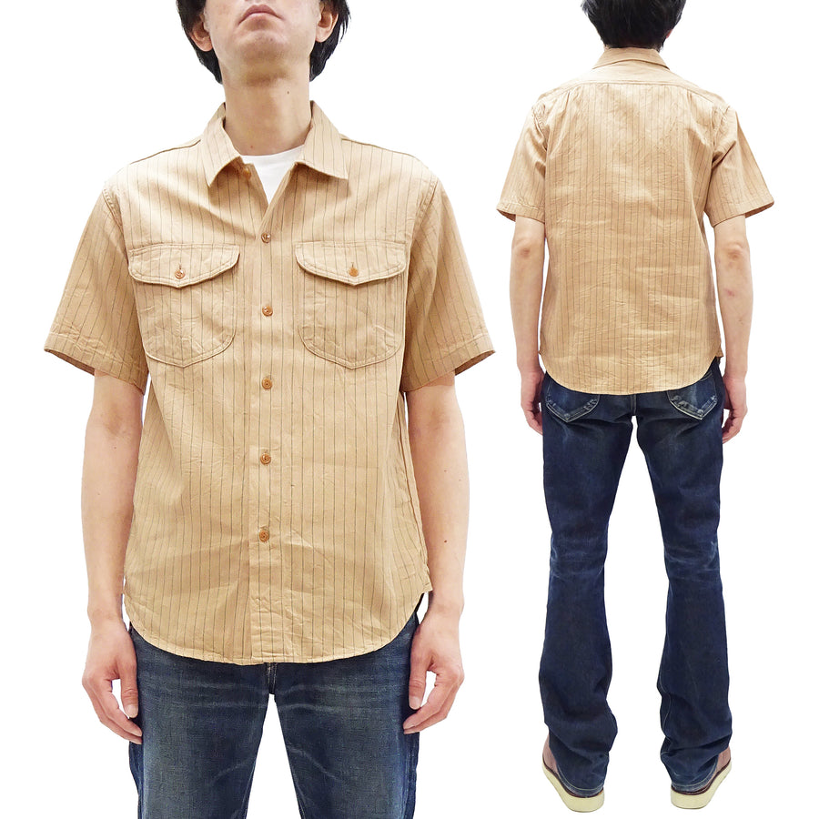 Sugar Cane Coke Stripe Work Shirt - Men's Casual Short Sleeve Pinstripe Button Up Shirt SC38699 133 Beige