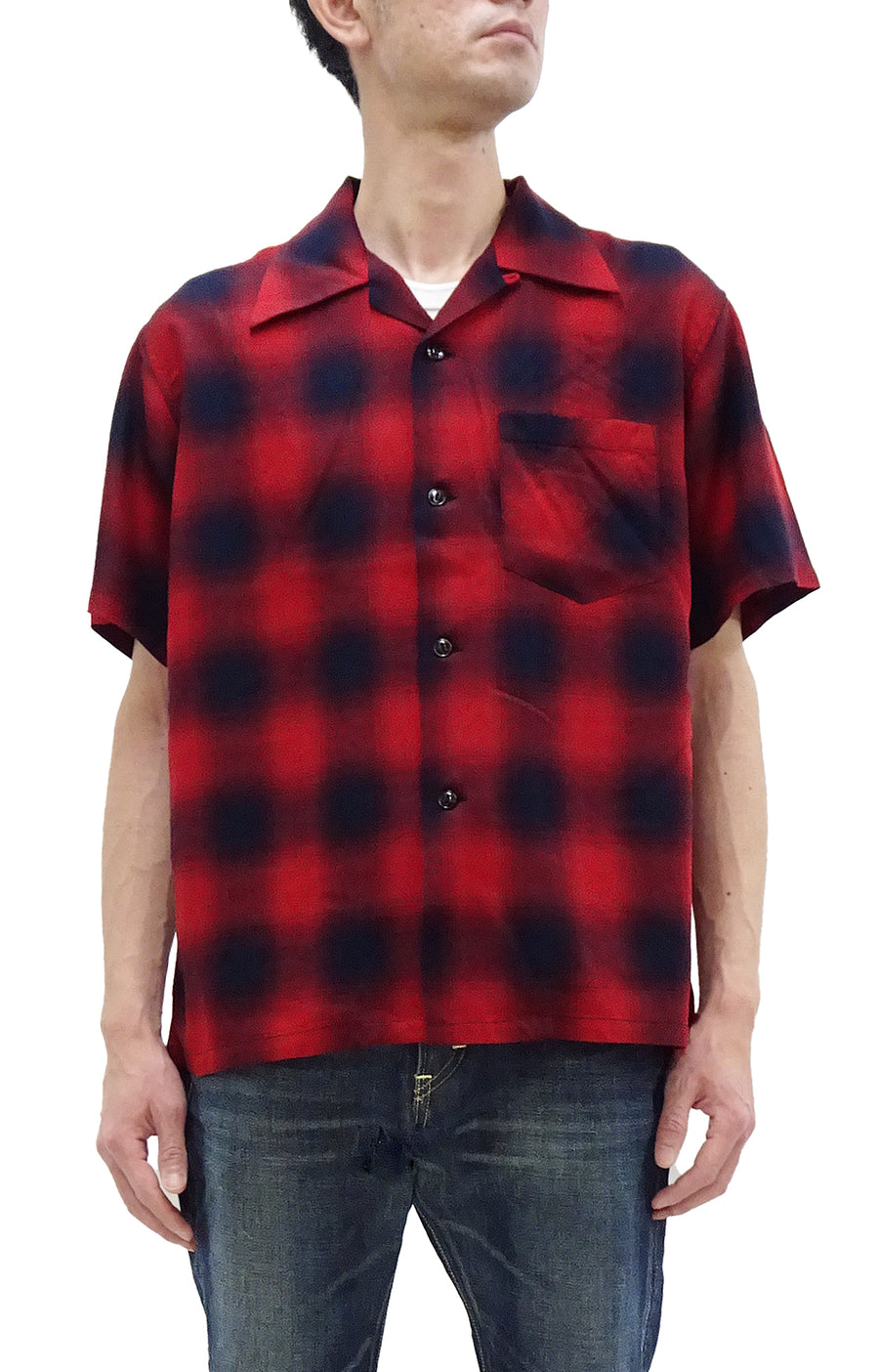 Sugar Cane Rayon Ombre Plaid Shirt Men's Oversized Fit Resort Collar Short Sleeve Casual Button Up Shirt SC39297 165 Red/Navy