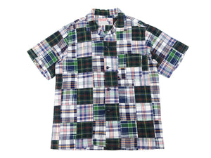 Sugar Cane Madras Patchwork Shirt Men's Casual Resort Collar Short Sleeve Plaid Button Up Shirt SC39300 128 Navy-Blue