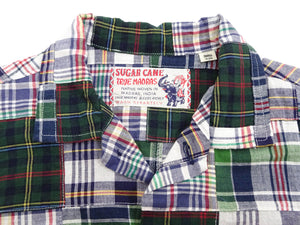 Sugar Cane Madras Patchwork Shirt Men's Casual Resort Collar Short Sleeve Plaid Button Up Shirt SC39300 128 Navy-Blue