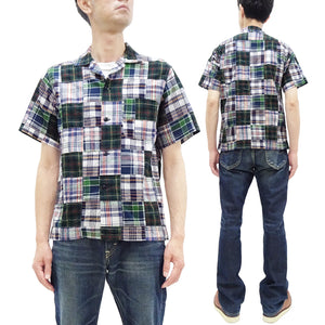 Sugar Cane Madras Patchwork Shirt Men's Casual Resort Collar Short Sleeve Plaid Button Up Shirt SC39300 128 Navy-Blue