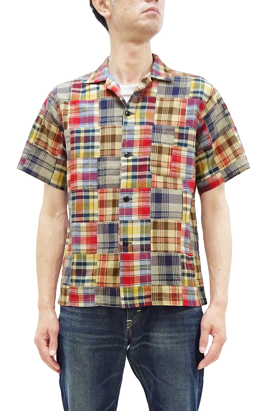 Sugar Cane Madras Patchwork Shirt Men's Casual Resort Collar Short Sleeve Plaid Button Up Shirt SC39300 133 Beige