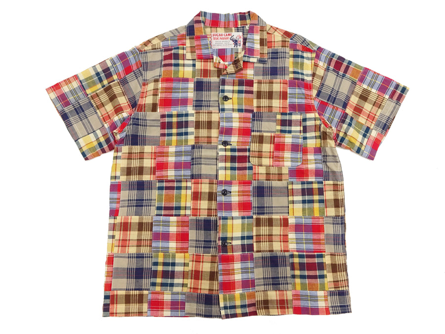 Sugar Cane Madras Patchwork Shirt Men's Casual Resort Collar Short Sleeve Plaid Button Up Shirt SC39300 133 Beige