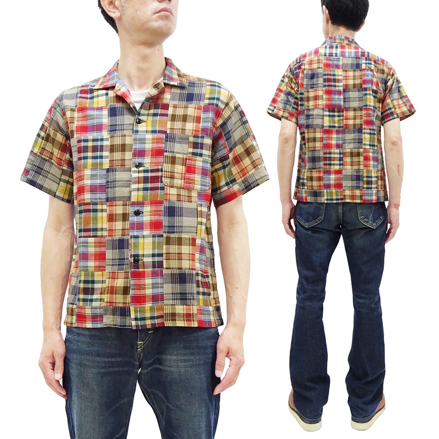 Sugar Cane Madras Patchwork Shirt Men's Casual Resort Collar Short Sleeve Plaid Button Up Shirt SC39300 133 Beige