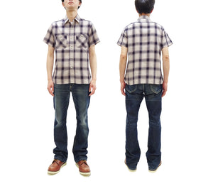 Sugar Cane Ombre Plaid Work Shirt Men's Casual Vintage-Style Short Sleeve Check Button Up Shirt SC39519 105 Off-White