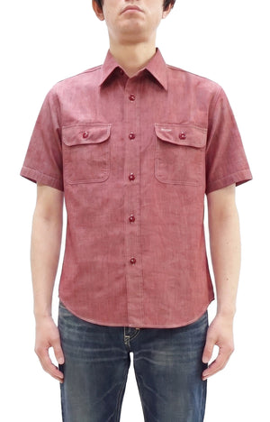 Sugar Cane Red Chambray Work Shirt Men's Short Sleeve Cotton Button-Up Shirt Made in Japan (SC39703 / 461A Red / One-Wash)
