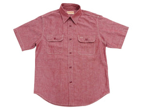 Sugar Cane Red Chambray Work Shirt Men's Short Sleeve Cotton Button-Up Shirt Made in Japan (SC39703 / 461A Red / One-Wash)