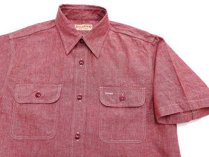 Sugar Cane Red Chambray Work Shirt Men's Short Sleeve Cotton Button-Up Shirt Made in Japan (SC39703 / 461A Red / One-Wash)