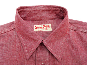 Sugar Cane Red Chambray Work Shirt Men's Short Sleeve Cotton Button-Up Shirt Made in Japan (SC39703 / 461A Red / One-Wash)