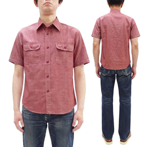Sugar Cane Red Chambray Work Shirt Men's Short Sleeve Cotton Button-Up Shirt Made in Japan (SC39703 / 461A Red / One-Wash)