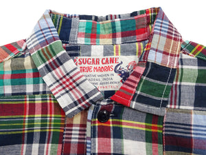 Sugar Cane Men's Madras Plaid Patchwork Open-Collar Camp Shirt - Short Sleeve - One Wash - Made in Japan (SC39739 165 Red)