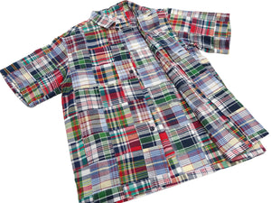 Sugar Cane Men's Madras Plaid Patchwork Open-Collar Camp Shirt - Short Sleeve - One Wash - Made in Japan (SC39739 165 Red)