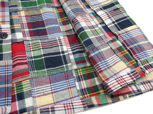 Sugar Cane Men's Madras Plaid Patchwork Open-Collar Camp Shirt - Short Sleeve - One Wash - Made in Japan (SC39739 165 Red)
